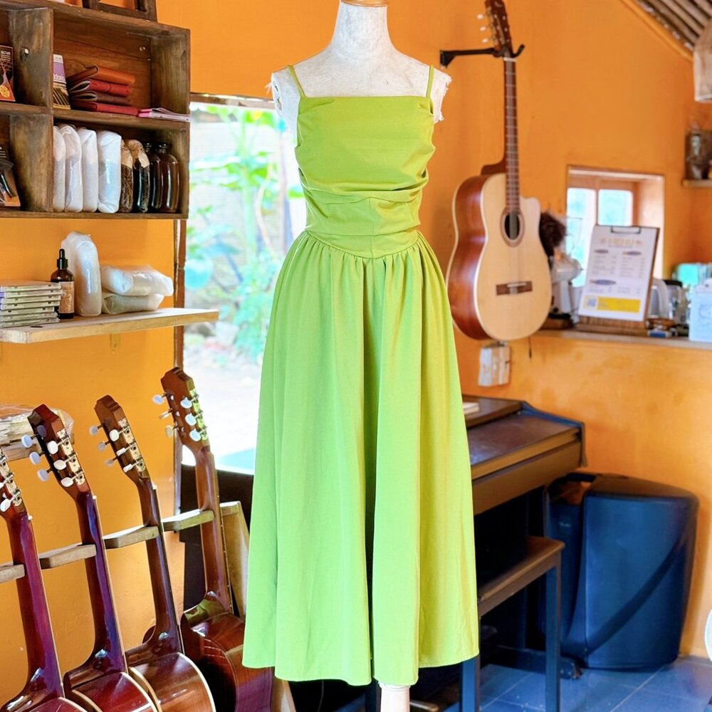 💚 Lime Green Ruched Bodice Spaghetti Strap Midi Dress Summer Party Dress 🌿
